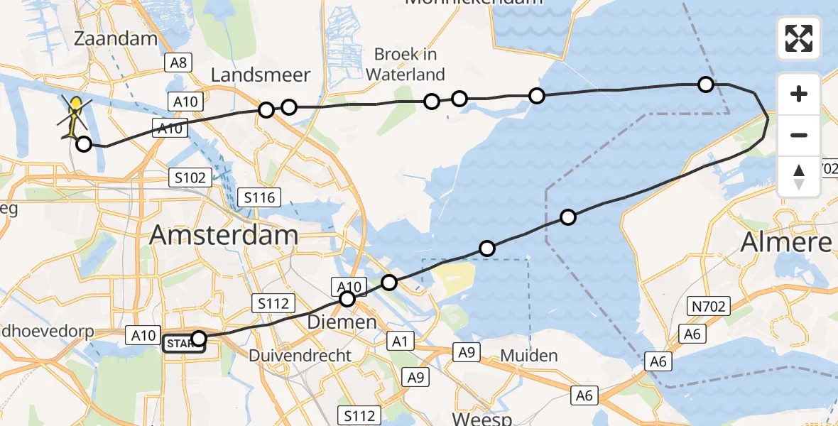 Routekaart van de vlucht: Lifeliner 1 naar Amsterdam Heliport