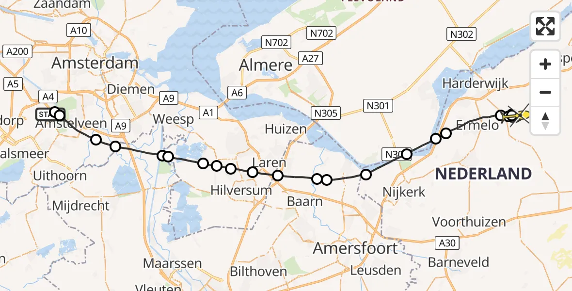 Routekaart van de vlucht: Politieheli naar Ermelo