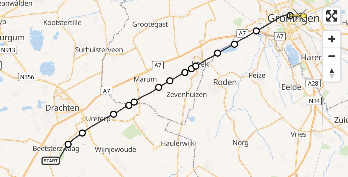 Routekaart van de vlucht: Lifeliner 4 naar Universitair Medisch Centrum Groningen