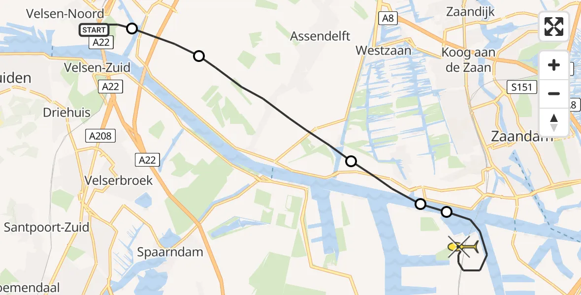 Routekaart van de vlucht: Lifeliner 1 naar Amsterdam Heliport