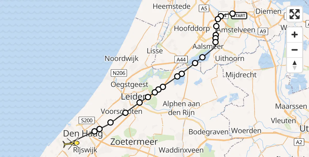 Routekaart van de vlucht: Lifeliner 1 naar Den Haag