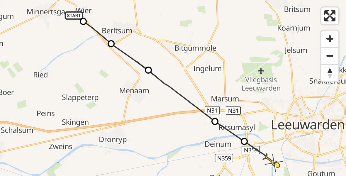 Routekaart van de vlucht: Ambulanceheli naar Leeuwarden