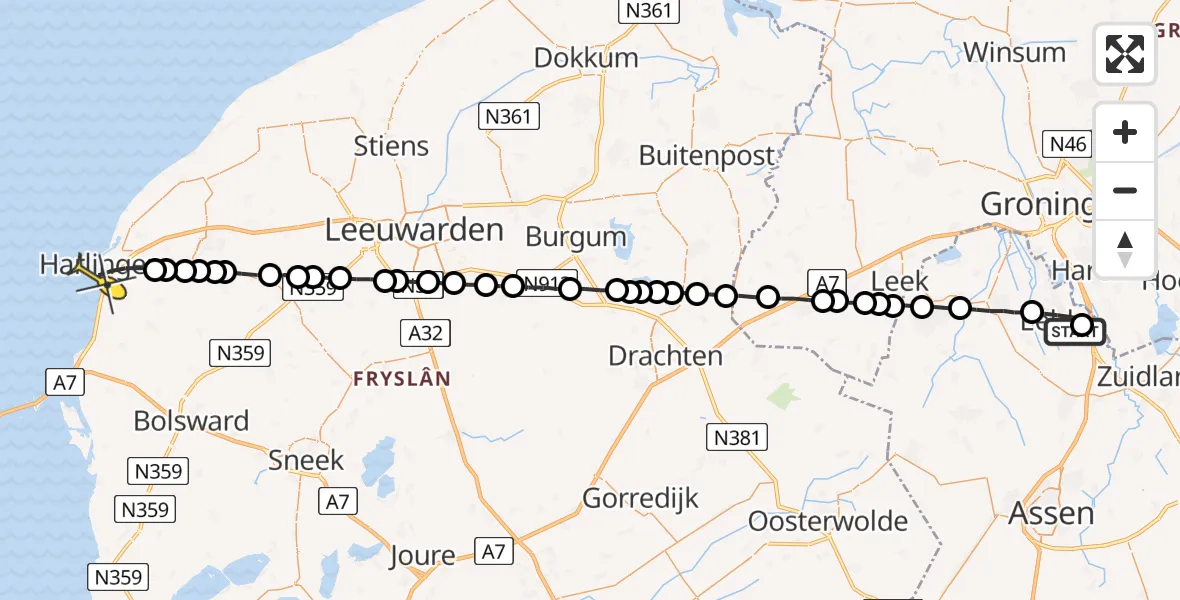 Routekaart van de vlucht: Lifeliner 4 naar Harlingen