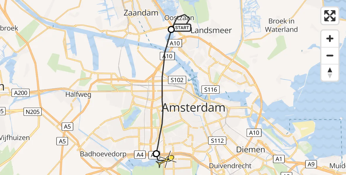 Routekaart van de vlucht: Lifeliner 1 naar VU Medisch Centrum Amsterdam