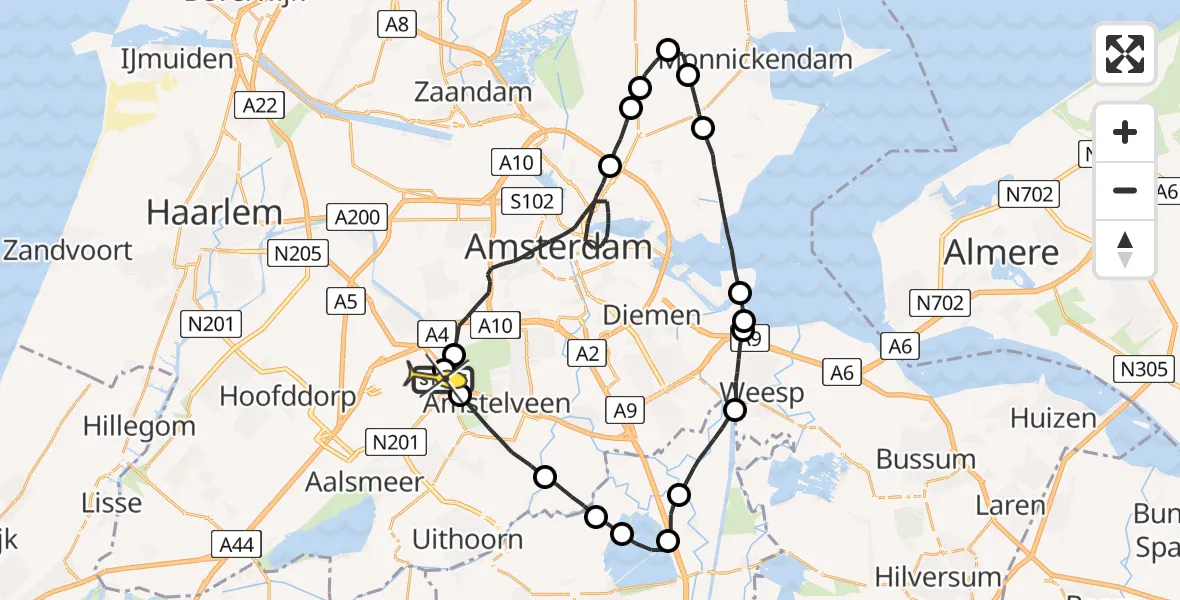 Routekaart van de vlucht: Politieheli naar Schiphol