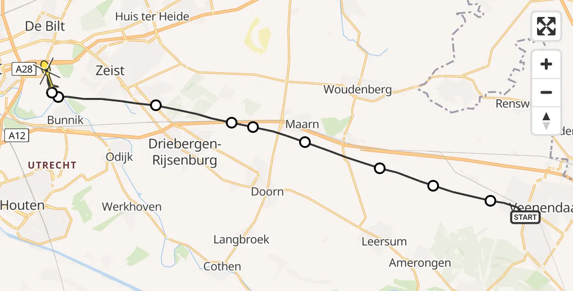 Routekaart van de vlucht: Lifeliner 1 naar Universitair Medisch Centrum Utrecht