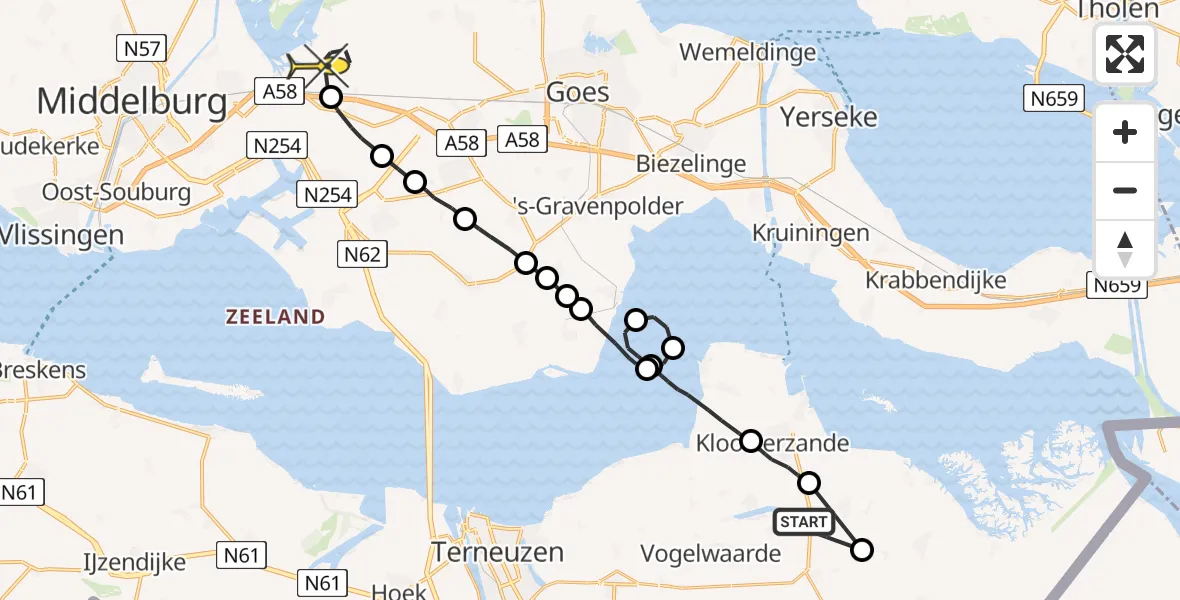 Routekaart van de vlucht: Politieheli naar Vliegveld Midden-Zeeland