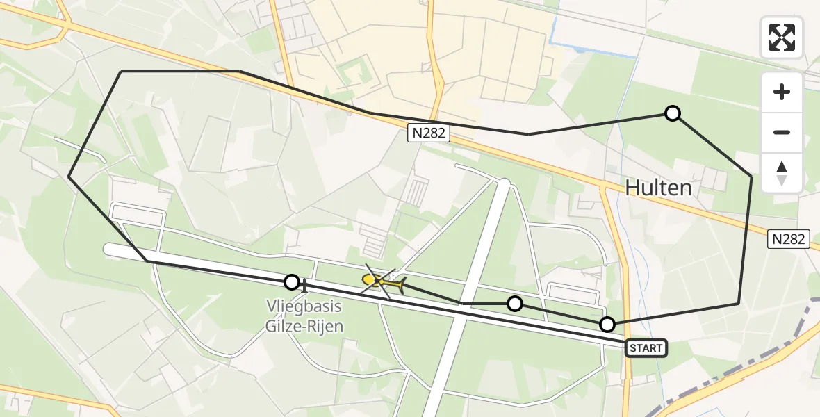 Routekaart van de vlucht: Politiehelikopter naar Vliegbasis Gilze-Rijen