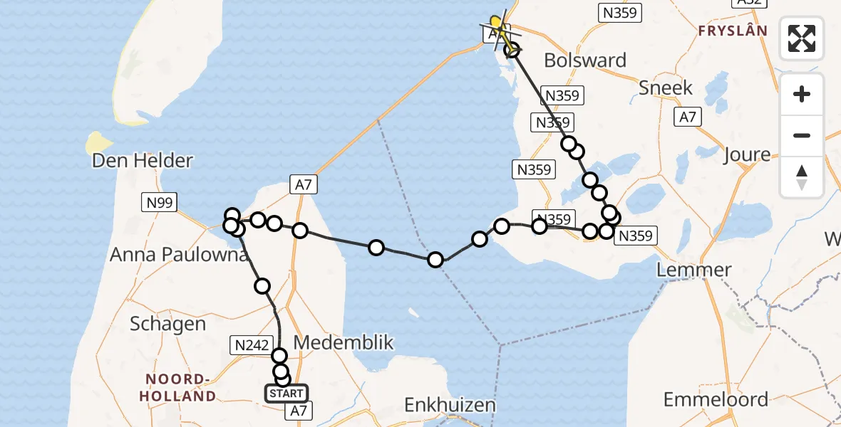 Routekaart van de vlucht: Ambulanceheli naar Cornwerd