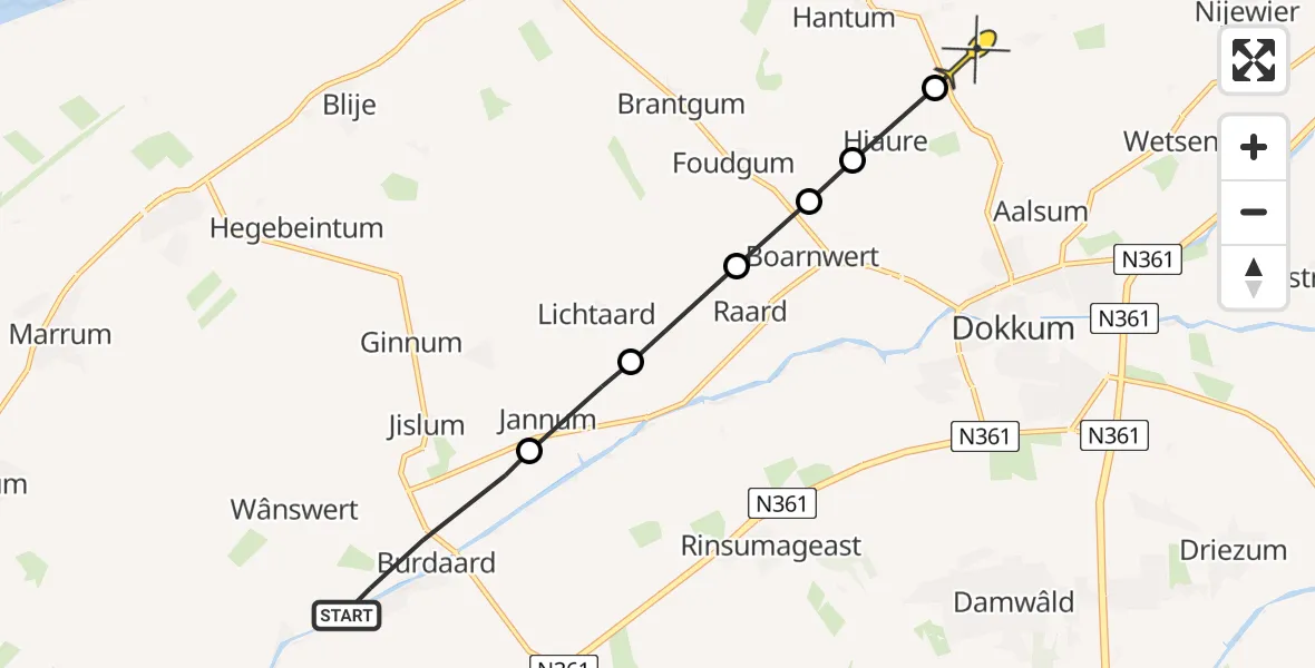 Routekaart van de vlucht: Ambulanceheli naar Hantumeruitburen