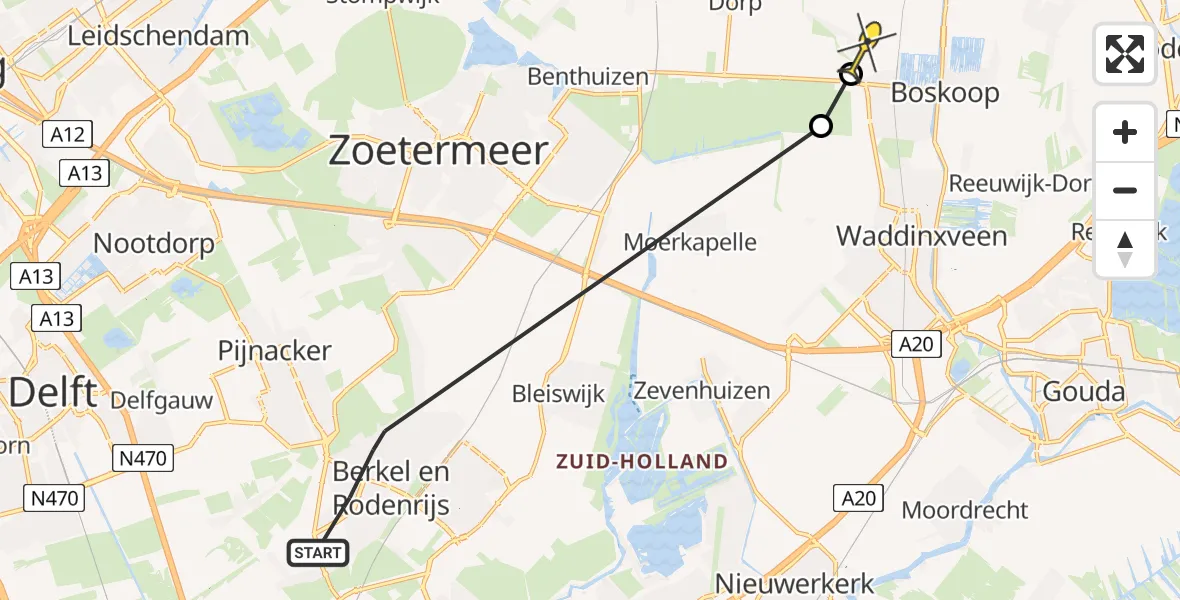 Routekaart van de vlucht: Politiehelikopter naar Boskoop