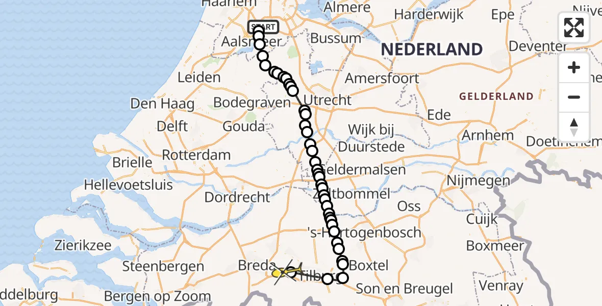 Vluchtroute Politiehelikopter van Schiphol naar Vliegbasis Gilze-Rijen