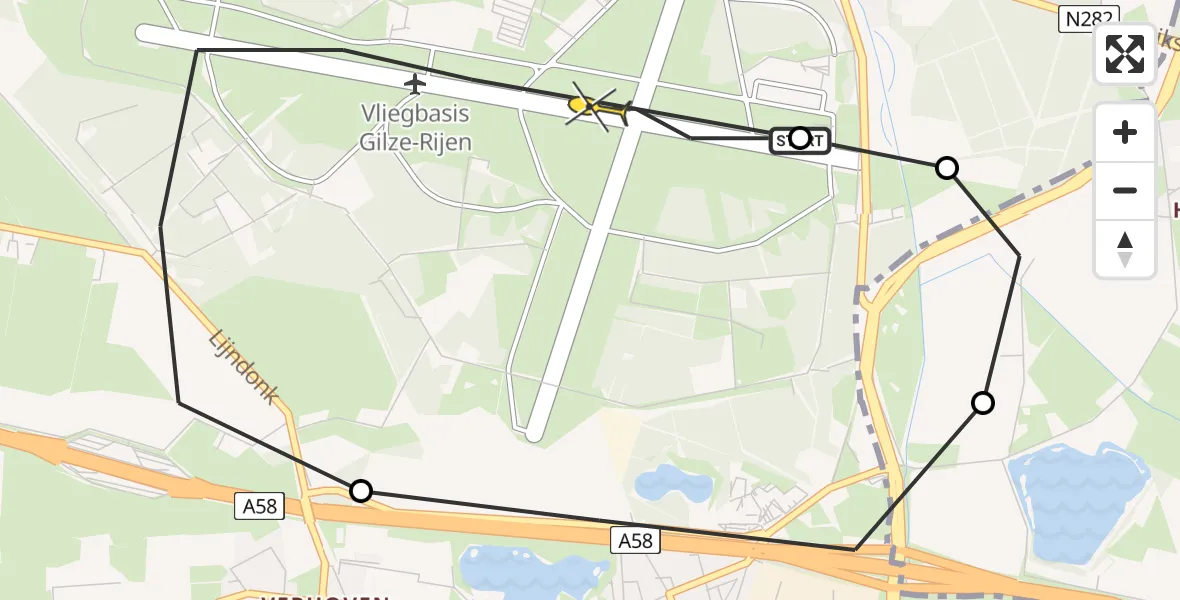 Routekaart van de vlucht: Politieheli naar Vliegbasis Gilze-Rijen