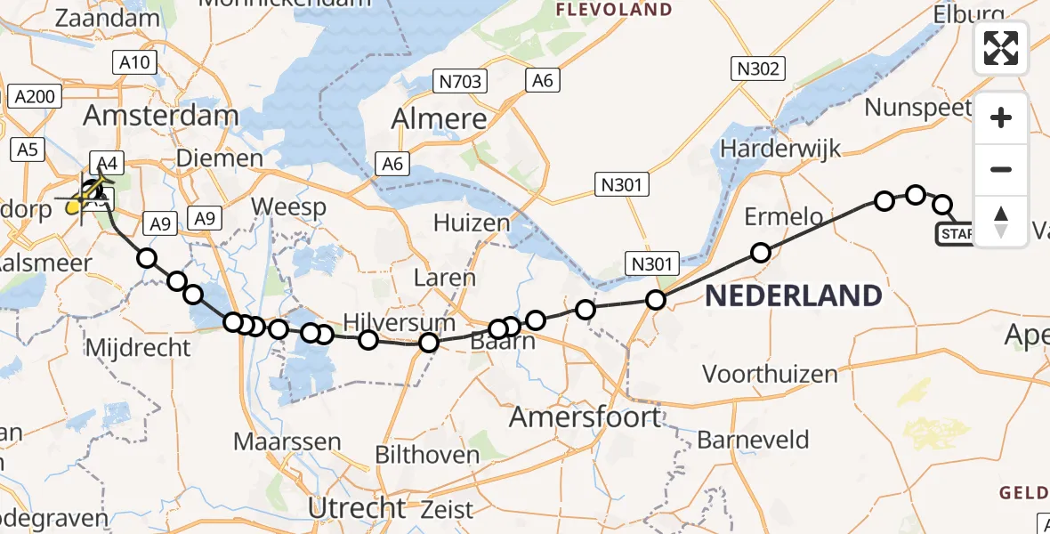 Routekaart van de vlucht: Politieheli naar Schiphol