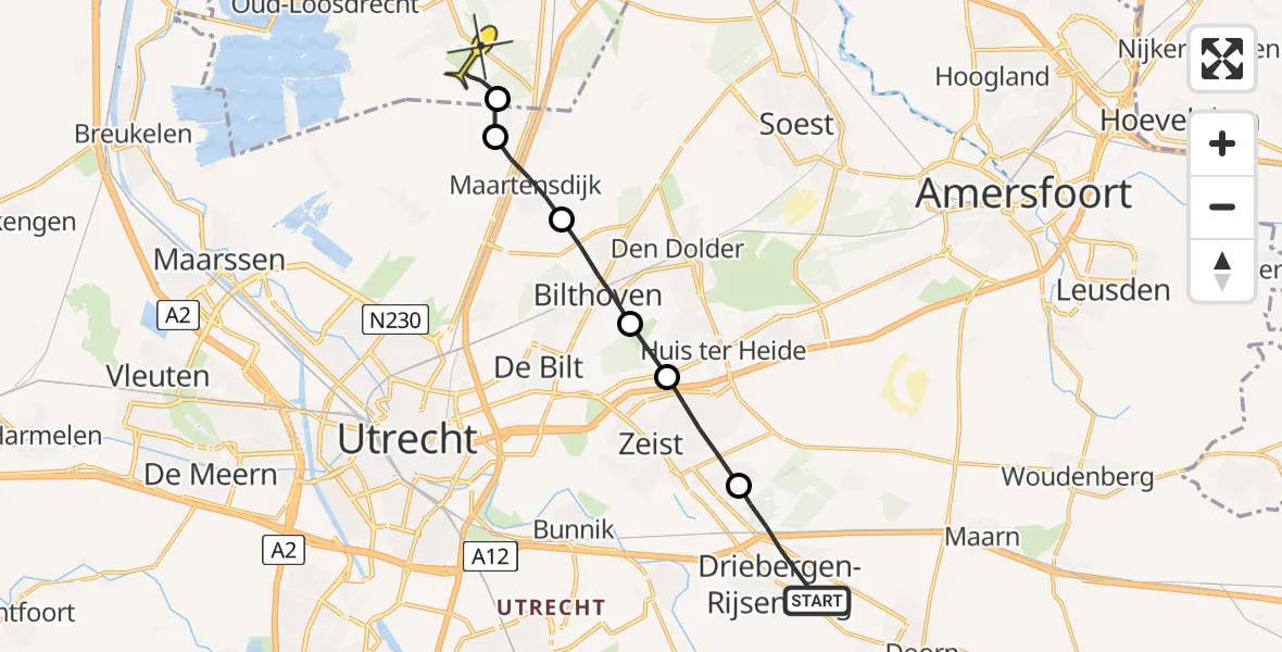 Routekaart van de vlucht: Lifeliner 1 naar Vliegveld Hilversum