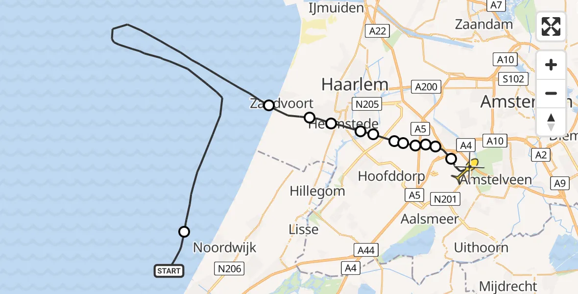 Routekaart van de vlucht: Politieheli naar Schiphol