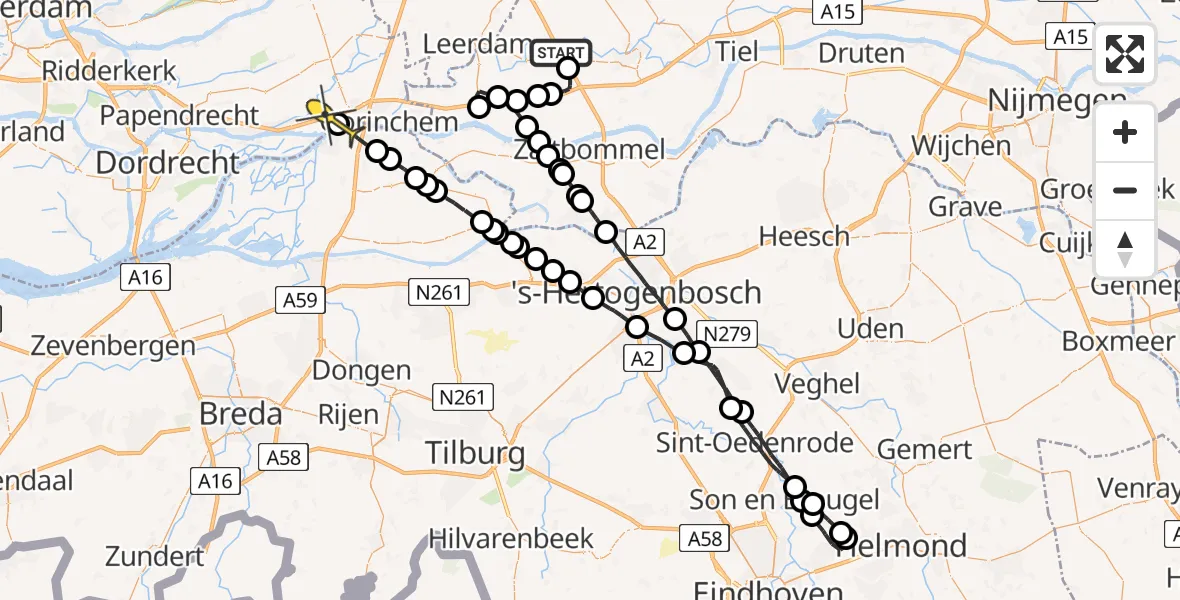 Routekaart van de vlucht: Politieheli naar Hardinxveld-Giessendam