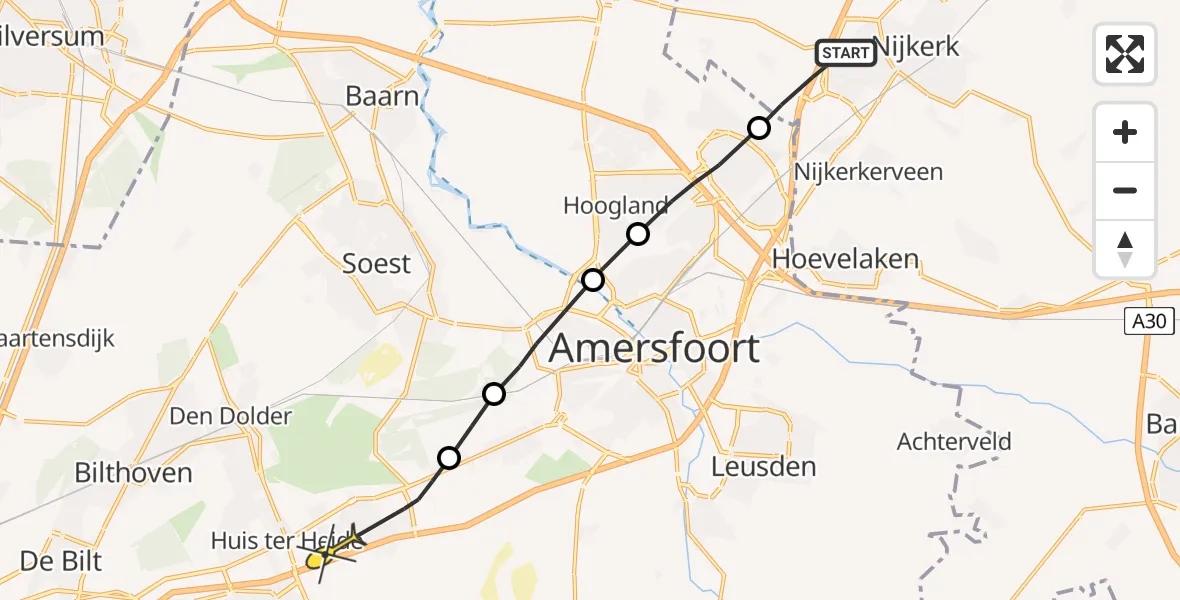 Routekaart van de vlucht: Ambulanceheli naar Huis ter Heide