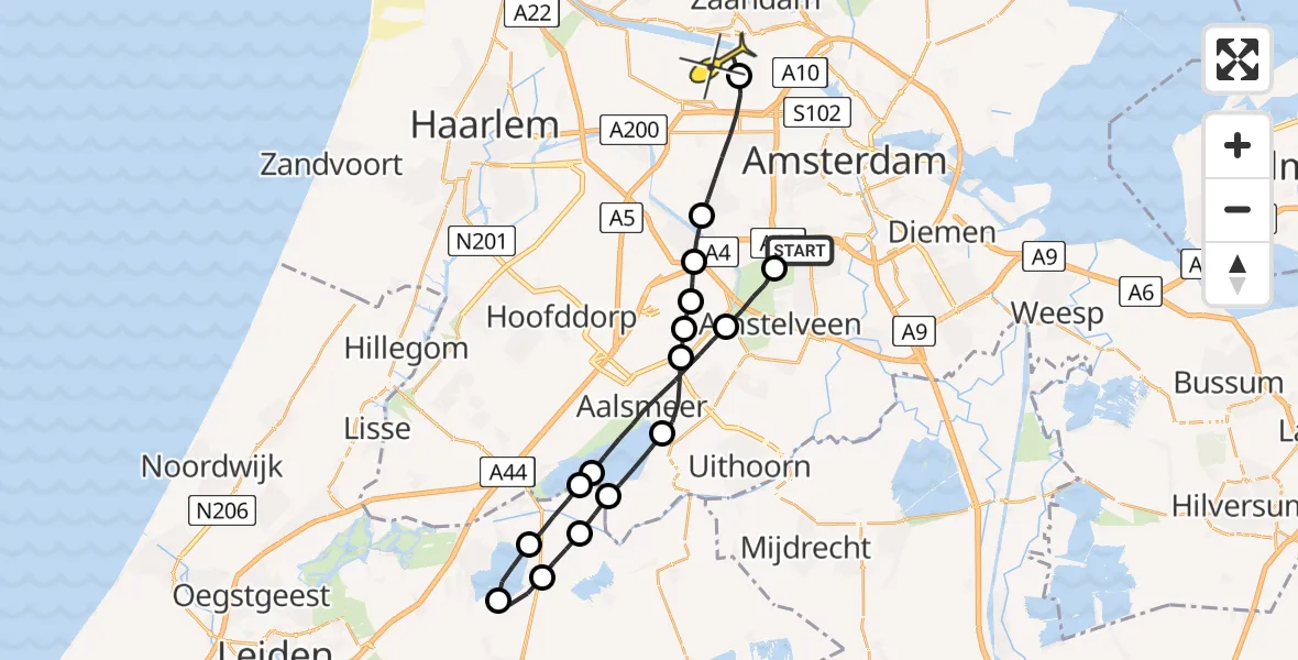 Routekaart van de vlucht: Lifeliner 1 naar Amsterdam Heliport