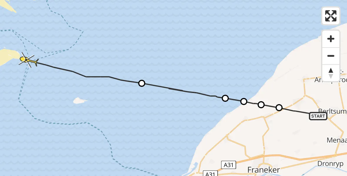 Routekaart van de vlucht: Ambulancehelikopter naar West-Terschelling