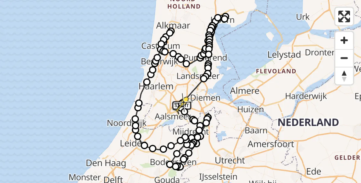 Routekaart van de vlucht: Politieheli naar Schiphol