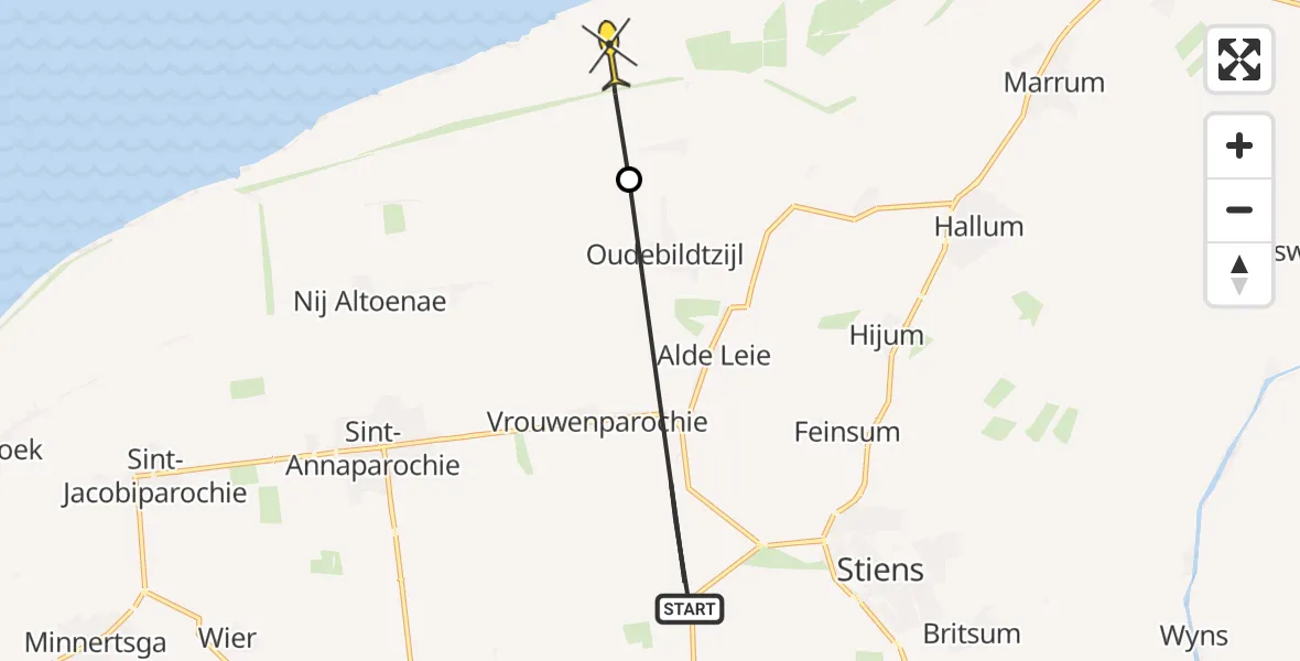 Routekaart van de vlucht: Ambulancehelikopter naar Oudebildtzijl