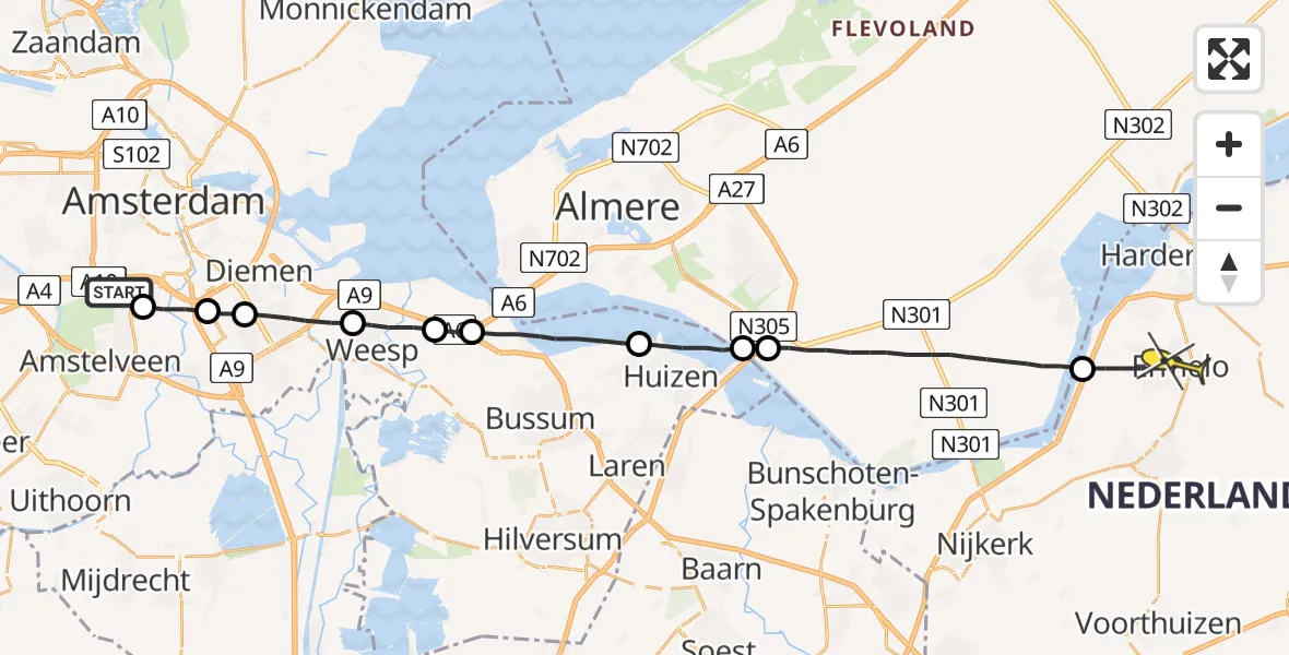 Routekaart van de vlucht: Lifeliner 1 naar Ermelo