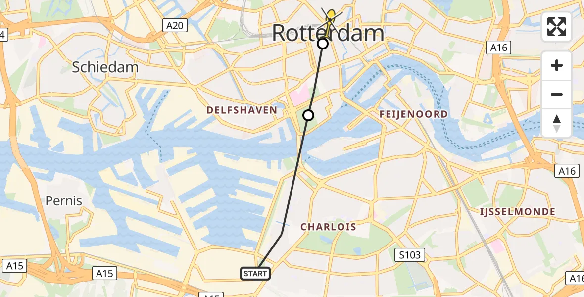 Vluchtroute Politiehelikopter van Rotterdam naar Rotterdam