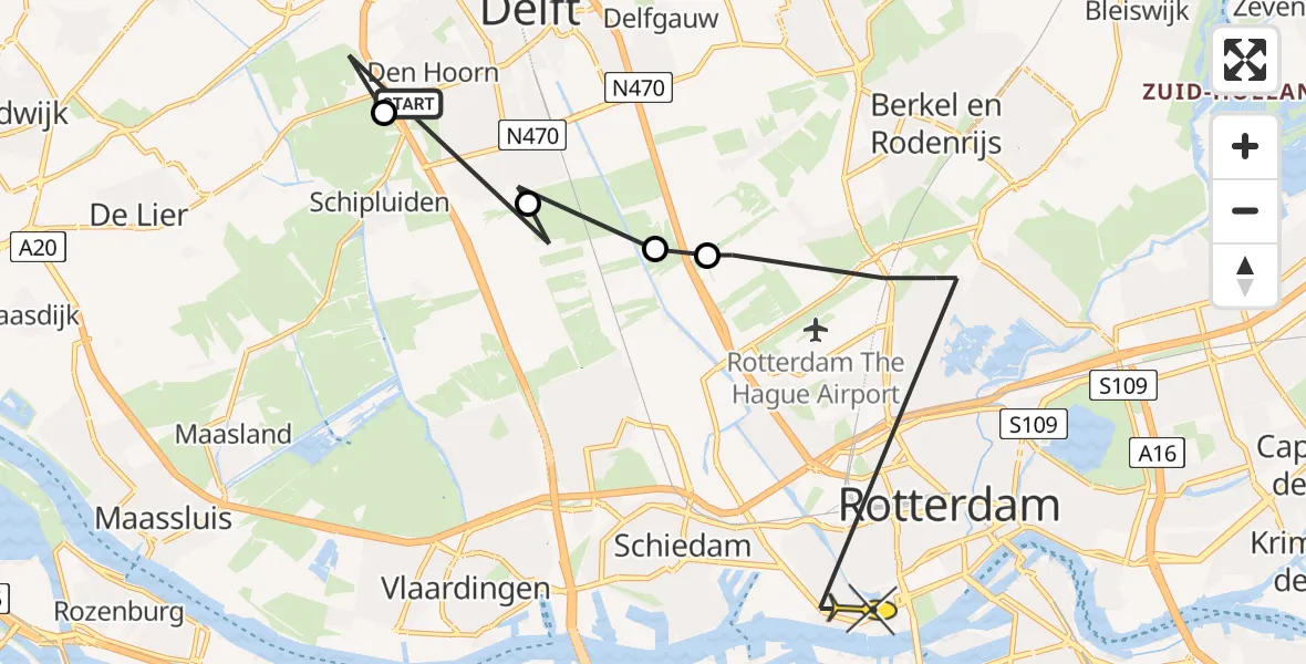 Routekaart van de vlucht: Politiehelikopter naar Erasmus MC