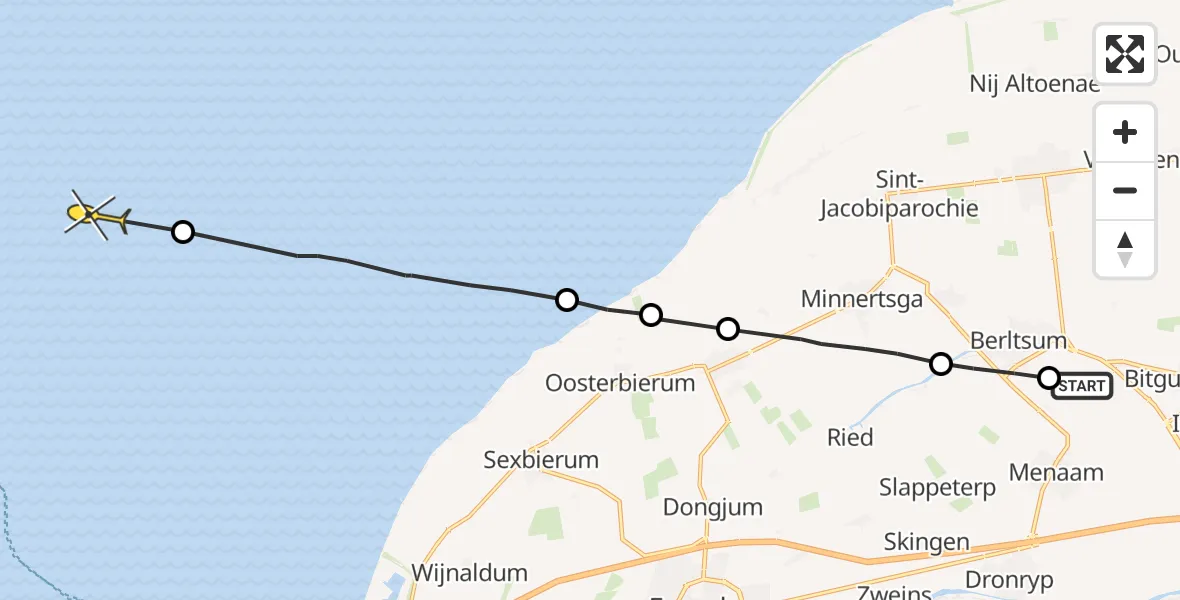 Routekaart van de vlucht: Ambulanceheli naar West-Terschelling