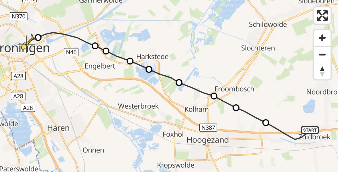 Routekaart van de vlucht: Lifeliner 4 naar Universitair Medisch Centrum Groningen