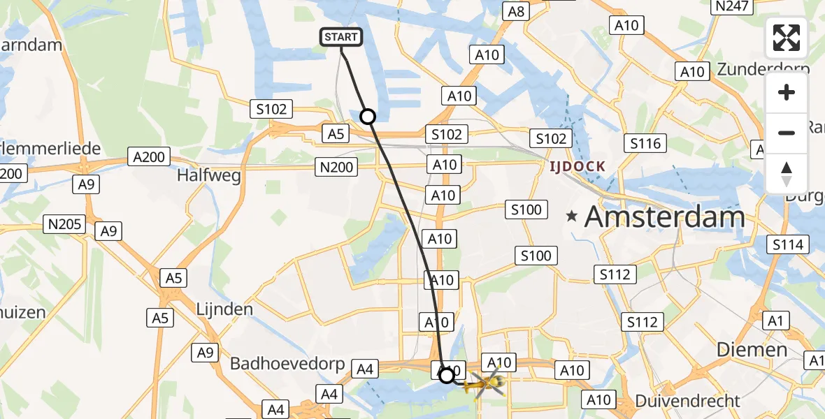 Vluchtroute Traumahelikopter Amsterdam Heliport - VU Medisch Centrum Amsterdam, 12 december 2022, 00:01