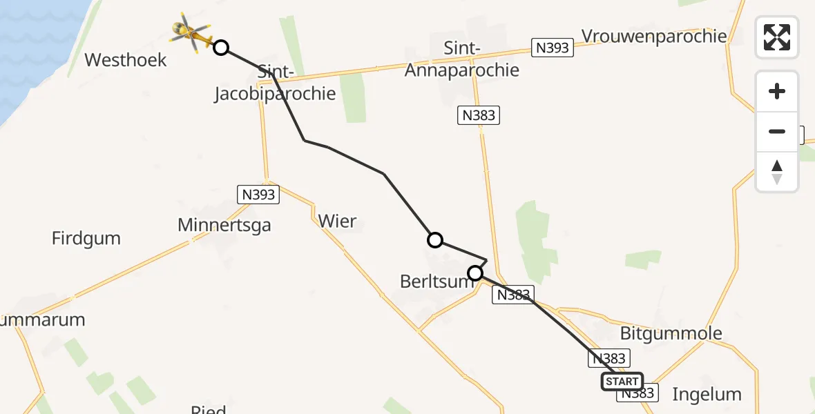 Vluchtroute Ambulancehelikopter Bitgum - Westhoek, 12 december 2022, 01:25