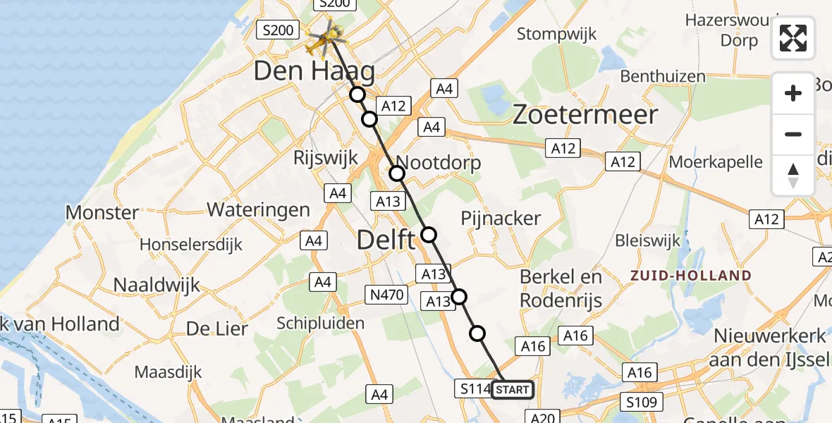 Vluchtroute Traumahelikopter Rotterdam The Hague Airport - Den Haag, 12 december 2022, 08:03