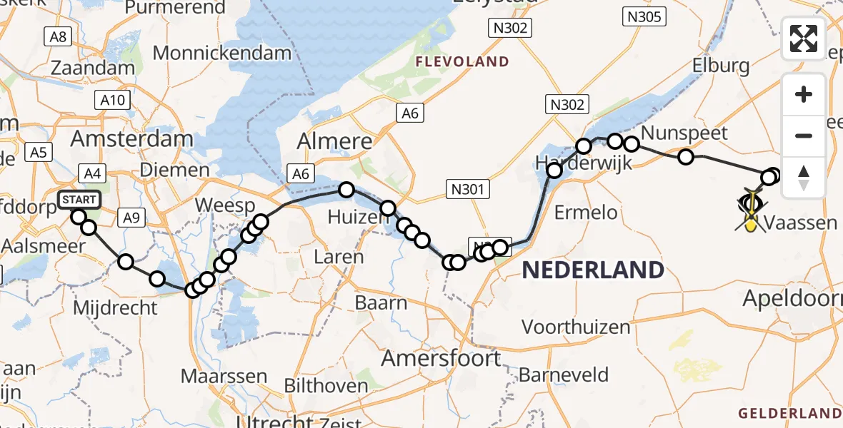 Routekaart van de vlucht: Politiehelikopter naar Vaassen