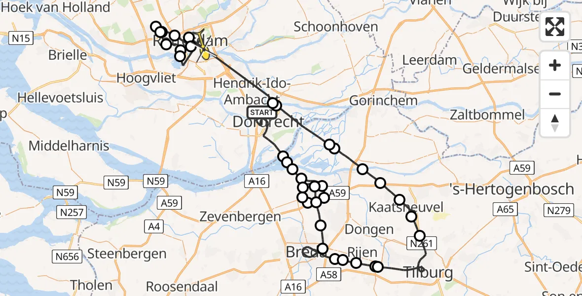 Routekaart van de vlucht: Politieheli naar Rotterdam