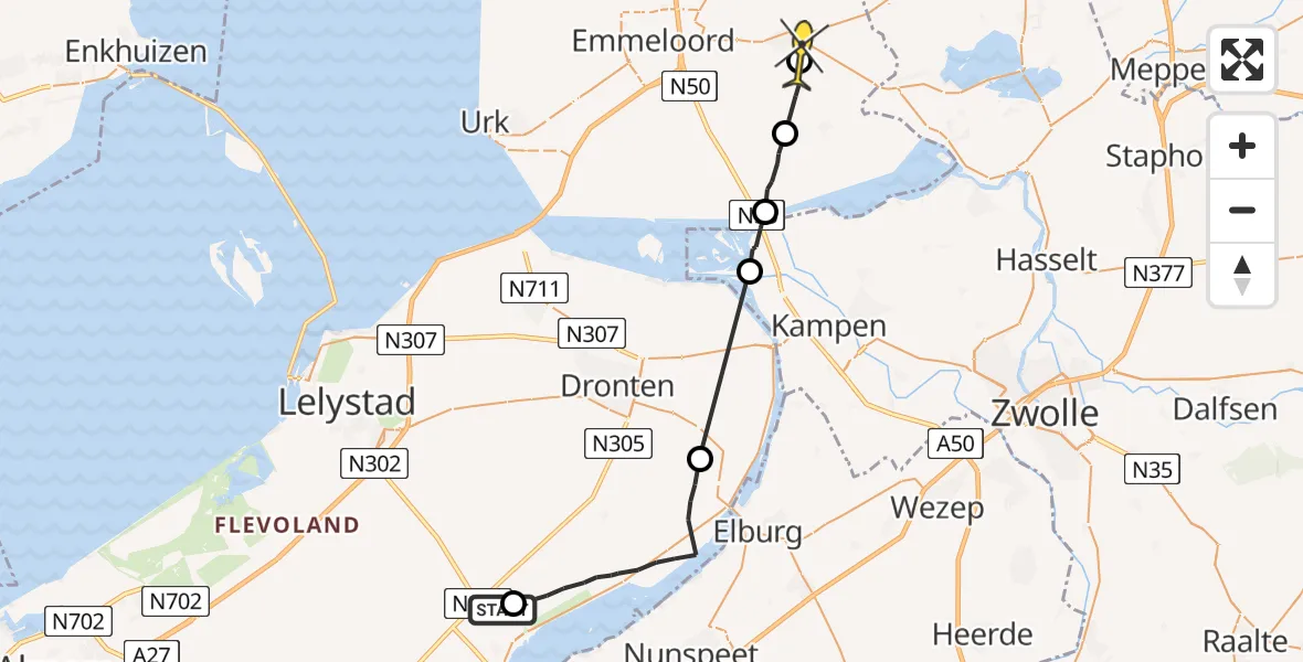 Routekaart van de vlucht: Ambulancehelikopter naar Marknesse