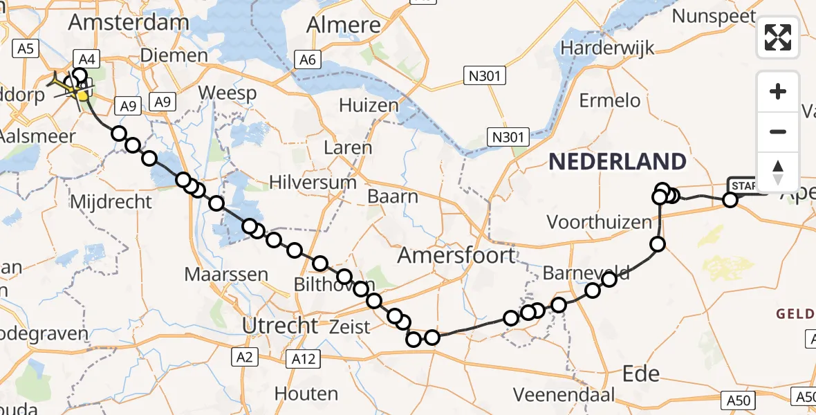 Routekaart van de vlucht: Politieheli naar Schiphol