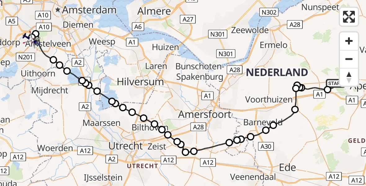Routekaart van de vlucht: Politiehelikopter naar Schiphol