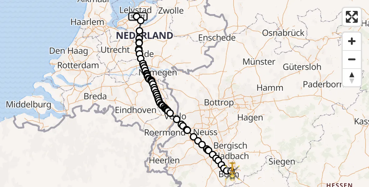 Vluchtroute Traumahelikopter Lelystad Airport - Sankt Augustin, 12 december 2022, 10:17