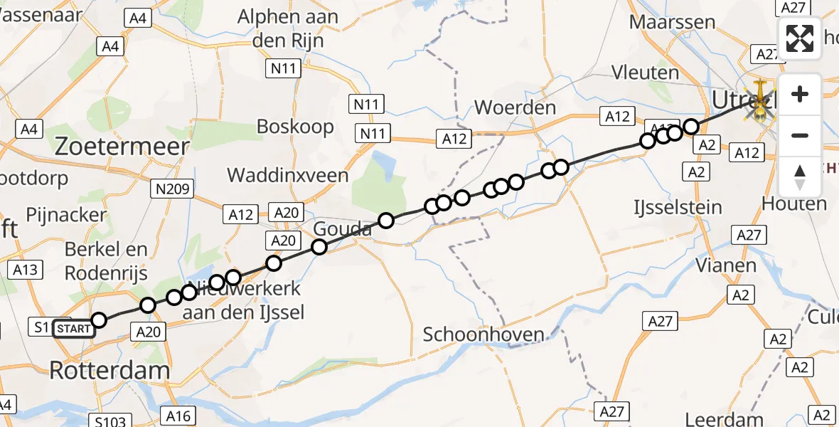 Vluchtroute Traumahelikopter Rotterdam The Hague Airport - Utrecht, 12 december 2022, 11:46