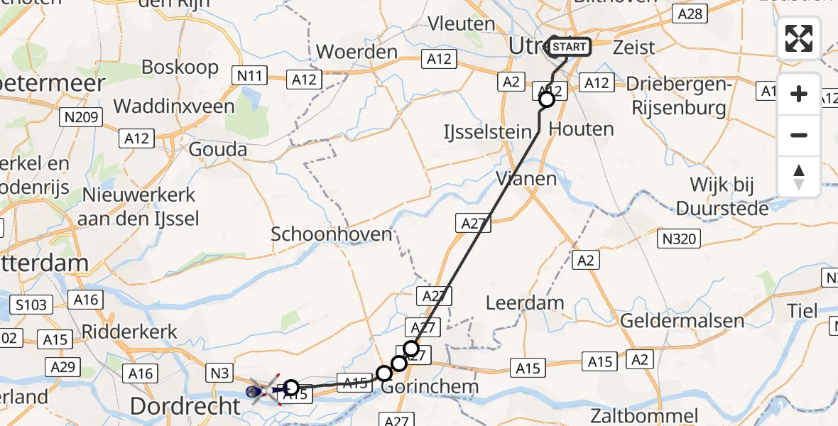 Vluchtroute Politiehelikopter Utrecht - Sliedrecht, 12 december 2022, 12:02