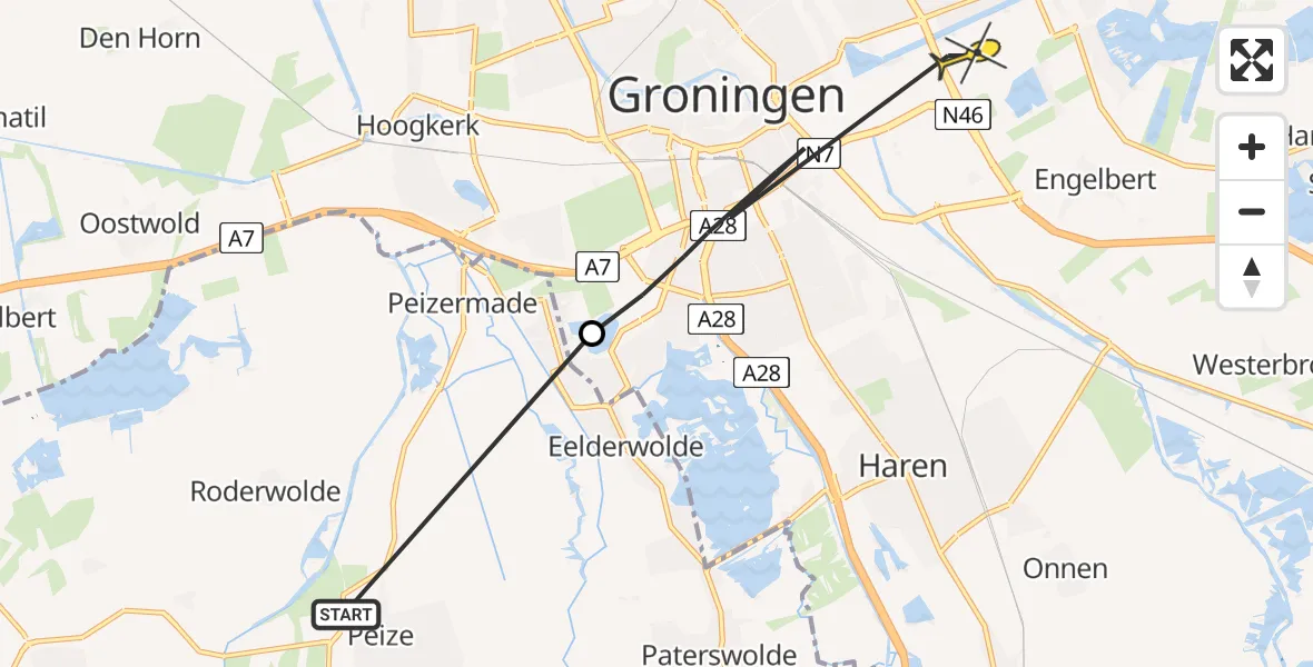 Routekaart van de vlucht: Ambulancehelikopter naar Groningen
