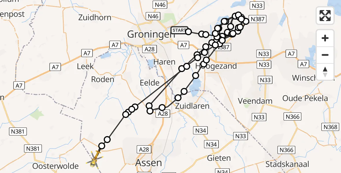 Vluchtroute Ambulancehelikopter van Meerstad naar Veenhuizen