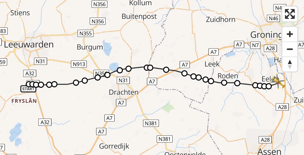 Vluchtroute Traumahelikopter Reduzum - Groningen Airport Eelde, 12 december 2022, 13:29
