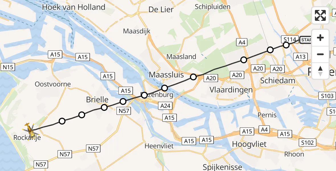 Vluchtroute Traumahelikopter Rotterdam The Hague Airport - Rockanje, 12 december 2022, 17:44