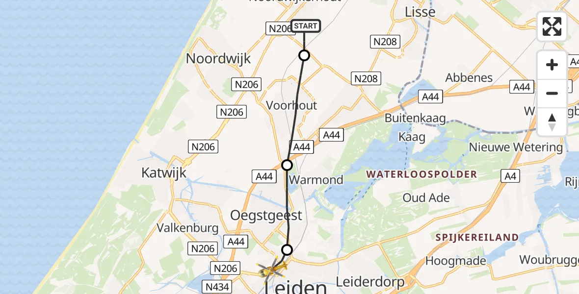 Vluchtroute Traumahelikopter Noordwijkerhout - Leiden, 12 december 2022, 19:31
