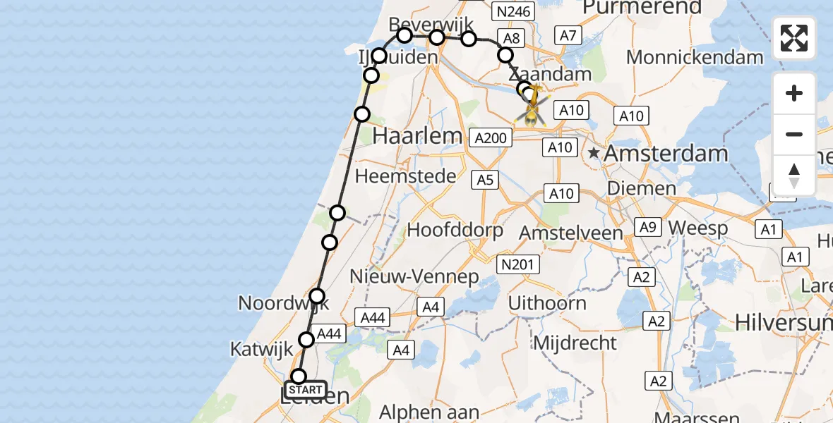 Vluchtroute Traumahelikopter Leiden - Amsterdam Heliport, 12 december 2022, 19:54