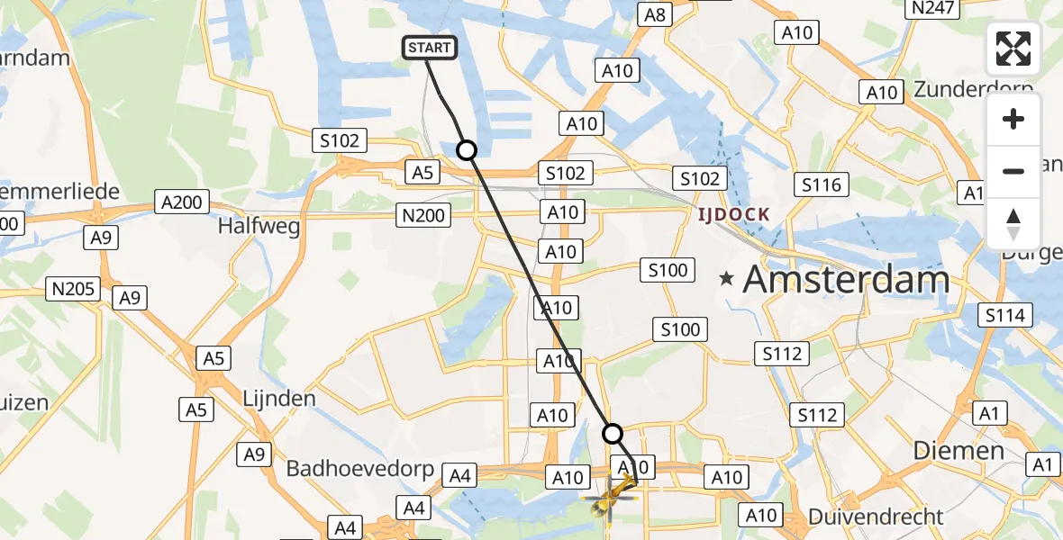 Vluchtroute Traumahelikopter Amsterdam Heliport - VU Medisch Centrum Amsterdam, 12 december 2022, 20:20