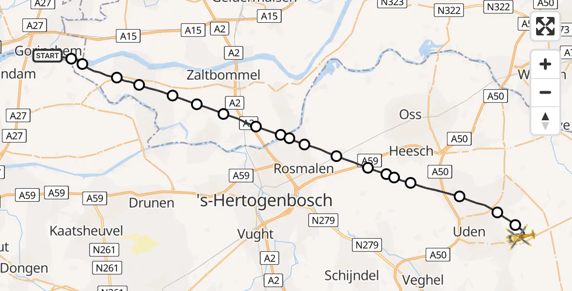 Vluchtroute Traumahelikopter Gorinchem - Vliegbasis Volkel, 12 december 2022, 20:50